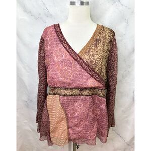 Vintage Y2K Bohemian Babydoll Blouse Top 18W 20W Brown Pink Gypsy Whimsical Boho
